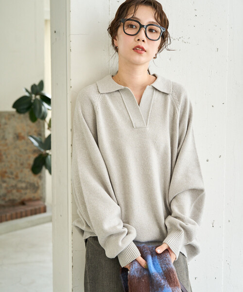FREAK'S STORE（フリークスストア）の「限定展開　ポロ襟 スキッパー ニット プルオーバー（ニット/セーター・レディース・グレー/ナチュラル/ブラック/ネイビー/グリーン/レッド/ブラウン・ﾌﾘ-）」の16枚目の写真