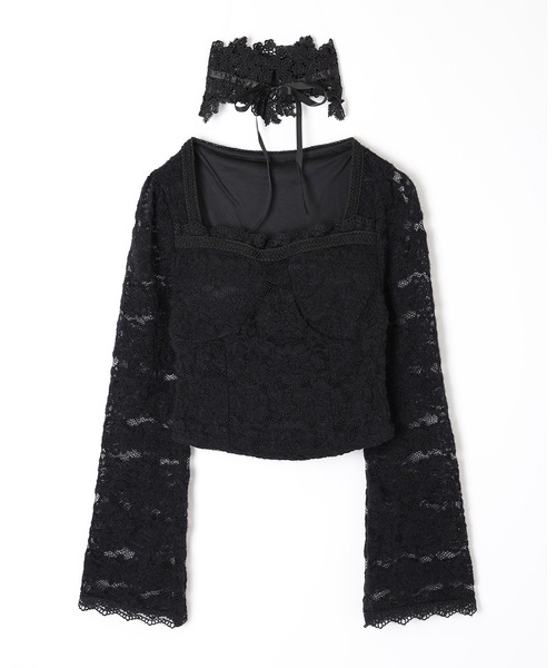M DOLLY(エムドリー)の「flower lace serica ribbon tops / フラワーレースセリカリボントップス(その他トップス・レディース・ホワイト/ブラック・FREE)」の14枚目の写真