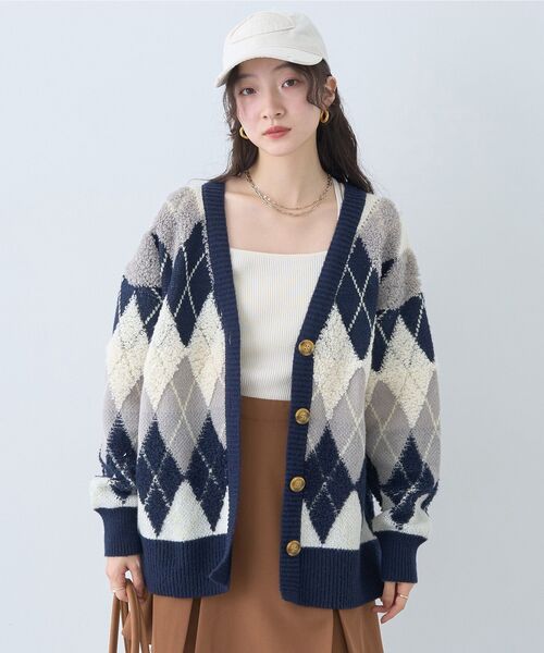 earth music&ecology(アースミュージックアンドエコロジー)の「ループ編みアーガイルカーディガン(カーディガン/ボレロ・レディース・モカ/ネイビー/グレー・FREE)」の16枚目の写真