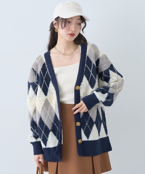 earth music&ecology(アースミュージックアンドエコロジー)の「ループ編みアーガイルカーディガン(カーディガン/ボレロ・レディース・モカ/ネイビー/グレー・FREE)」の3枚目の写真