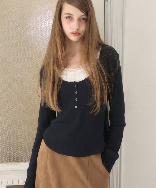 Birthday room(バースデイルーム)の「レイヤード風ヘンリーネックトップス/layered henry neck tops(Tシャツ/カットソー・レディース・ネイビー/グレー・FREE)」の22枚目の写真
