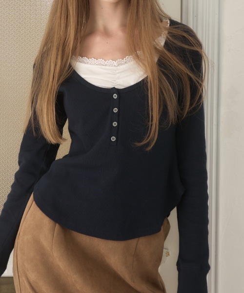 Birthday room(バースデイルーム)の「レイヤード風ヘンリーネックトップス/layered henry neck tops(Tシャツ/カットソー・レディース・ネイビー/グレー・FREE)」の7枚目の写真