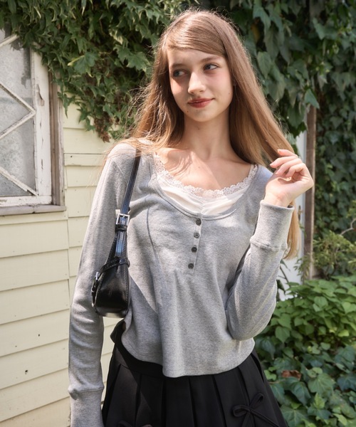 Birthday room(バースデイルーム)の「レイヤード風ヘンリーネックトップス/layered henry neck tops(Tシャツ/カットソー・レディース・ネイビー/グレー・FREE)」の16枚目の写真