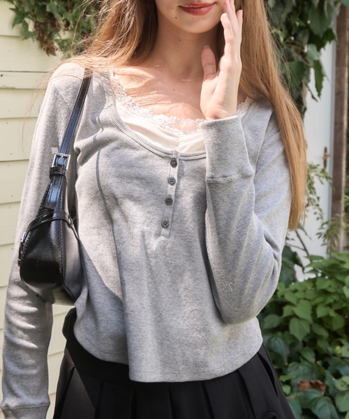 Birthday room(バースデイルーム)の「レイヤード風ヘンリーネックトップス/layered henry neck tops(Tシャツ/カットソー・レディース・ネイビー/グレー・FREE)」の19枚目の写真