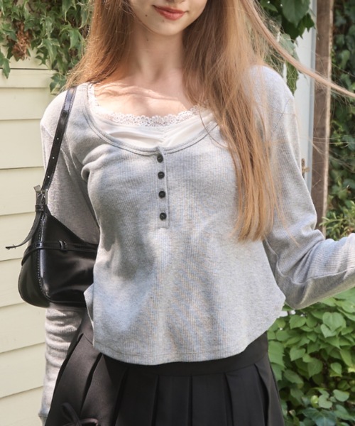 Birthday room(バースデイルーム)の「レイヤード風ヘンリーネックトップス/layered henry neck tops(Tシャツ/カットソー・レディース・ネイビー/グレー・FREE)」の10枚目の写真