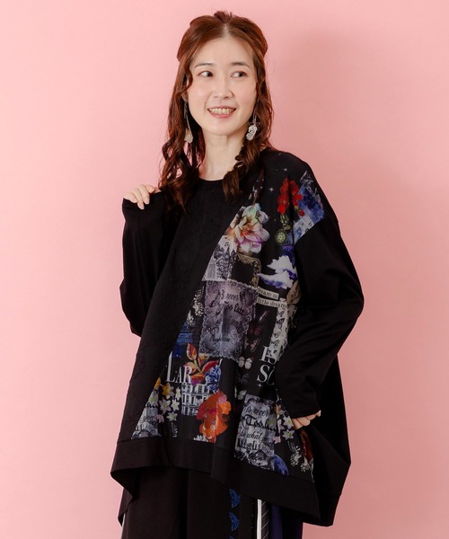 iS ScoLar（イズスカラー）の「553207：蝶花コラージュ柄 異素材切替プルオーバー（Tシャツ/カットソー・レディース・アイボリー/ブラック・M）」の2枚目の写真