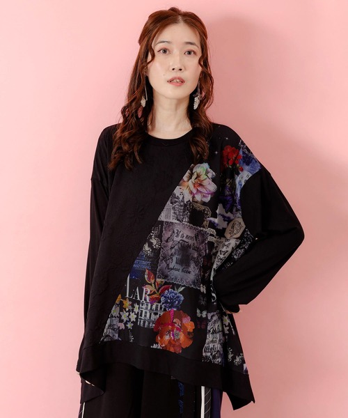 iS ScoLar（イズスカラー）の「553207：蝶花コラージュ柄 異素材切替プルオーバー（Tシャツ/カットソー・レディース・アイボリー/ブラック・M）」の4枚目の写真