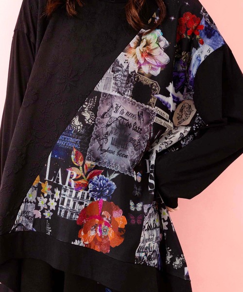 iS ScoLar（イズスカラー）の「553207：蝶花コラージュ柄 異素材切替プルオーバー（Tシャツ/カットソー・レディース・アイボリー/ブラック・M）」の7枚目の写真