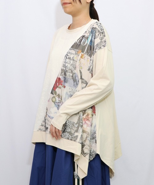 iS ScoLar（イズスカラー）の「553207：蝶花コラージュ柄 異素材切替プルオーバー（Tシャツ/カットソー・レディース・アイボリー/ブラック・M）」の9枚目の写真