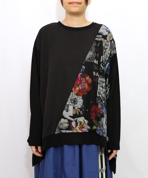 iS ScoLar（イズスカラー）の「553207：蝶花コラージュ柄 異素材切替プルオーバー（Tシャツ/カットソー・レディース・アイボリー/ブラック・M）」の12枚目の写真