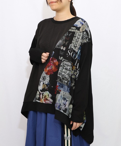 iS ScoLar（イズスカラー）の「553207：蝶花コラージュ柄 異素材切替プルオーバー（Tシャツ/カットソー・レディース・アイボリー/ブラック・M）」の13枚目の写真
