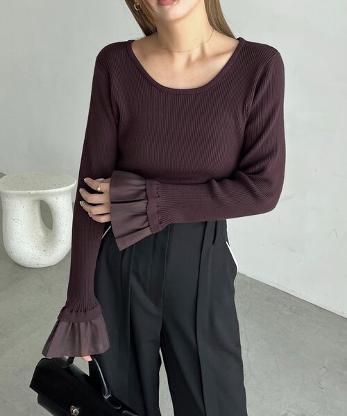 CAPRICIEUX LE'MAGE(カプリシューレマージュ)の「フレアカフスニット(ニット/セーター・レディース・ブラウン/ブラック/オフホワイト・FREE)」の11枚目の写真