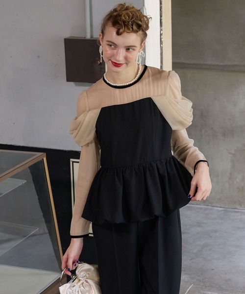 セール】【BONLECILL noir】シアー切替ドレープショルダーペプラム