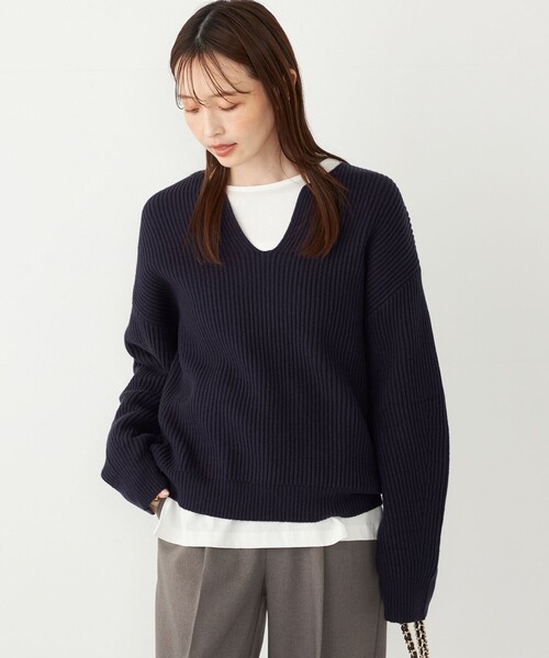 SHIPS Colors（シップス カラーズ）の「SHIPS Colors:〈手洗い可能〉畦 スキッパー ニット◇（ニット/セーター・レディース・オフホワイト/レッド/ネイビー・ONE SIZE）」の3枚目の写真