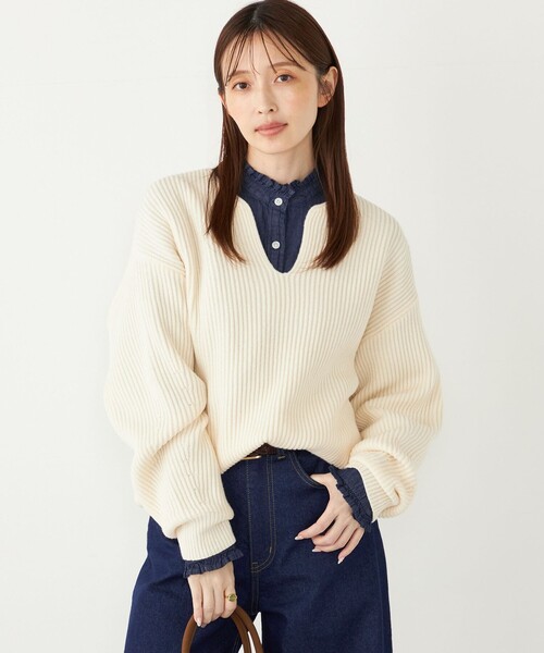 SHIPS Colors（シップス カラーズ）の「SHIPS Colors:〈手洗い可能〉畦 スキッパー ニット◇（ニット/セーター・レディース・オフホワイト/レッド/ネイビー・ONE SIZE）」の22枚目の写真