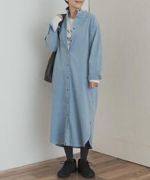 ebure グレー ロングノーカラーシャツワンピース エブール】ノーカラーシャツワンピース ロング シルク×コットン