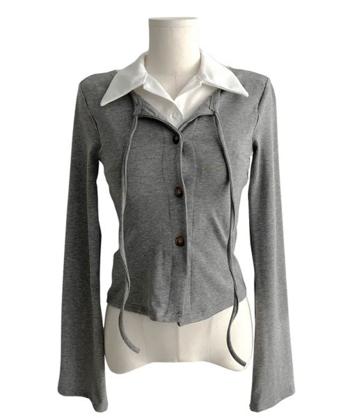 レイヤード風 ショート丈 カラー付きトップス（Tシャツ/カットソー