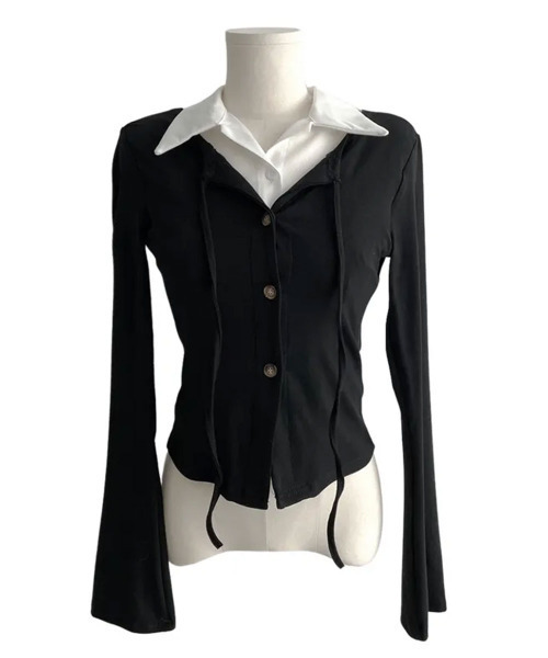 レイヤード風 ショート丈 カラー付きトップス（Tシャツ/カットソー