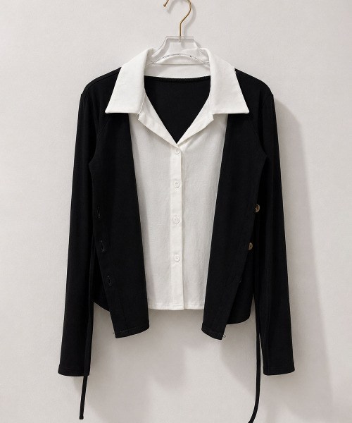 VIVID LADY(ビビッドレディー)の「レイヤード風 ショート丈 長袖 カラー付きトップス(Tシャツ/カットソー・レディース・ブラック/グレー・FREE)」の4枚目の写真