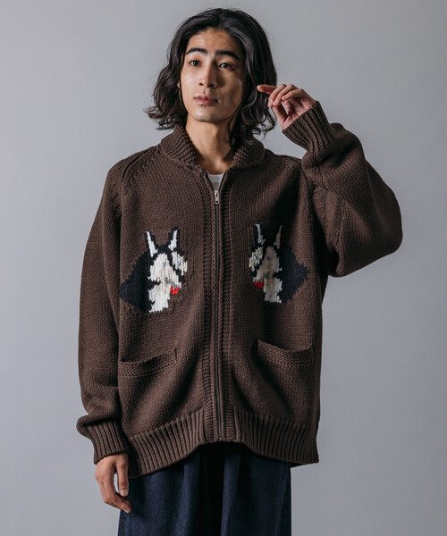 限定展開 リラックスフィット ジャガード カウチン ジップアップ