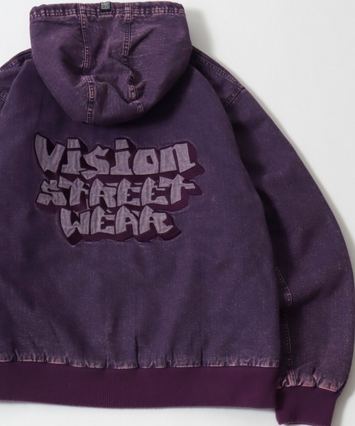 VISION STREET WEAR(ヴィジョンストリートウェア)の「2025AW VISION STREET WEAR/ヴィジョンストリートウエア ウォッシュ加工 フロント・バックロゴ刺繍 ビックシルエット 中綿 デニムフードブルゾン(ブルゾン・メンズ・パープル/ブラウン/スミクロ・M/L)」の3枚目の写真