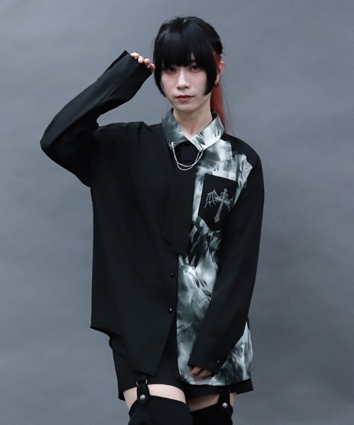 NIBBLE POISON(ニブルポイズン)の「マーブルバイカラーシャツ(シャツ/ブラウス・レディース・グレー/ブルー/レッド・MEDIUM)」の2枚目の写真