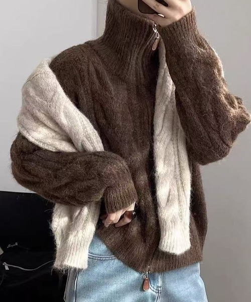 meJane（ミージェーン）の「ダブルジップ ケーブルニットカーディガン（カーディガン/ボレロ・レディース・グレー/モカ/ライトベージュ・FREE）」の3枚目の写真