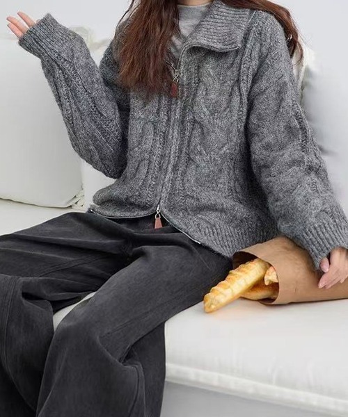 meJane（ミージェーン）の「ダブルジップ ケーブルニットカーディガン（カーディガン/ボレロ・レディース・グレー/モカ/ライトベージュ・FREE）」の4枚目の写真