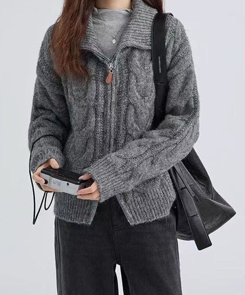 meJane（ミージェーン）の「ダブルジップ ケーブルニットカーディガン（カーディガン/ボレロ・レディース・グレー/モカ/ライトベージュ・FREE）」の5枚目の写真