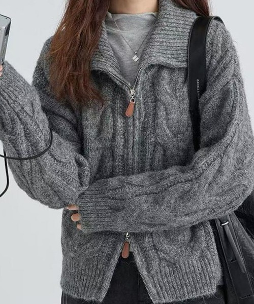 meJane（ミージェーン）の「ダブルジップ ケーブルニットカーディガン（カーディガン/ボレロ・レディース・グレー/モカ/ライトベージュ・FREE）」の6枚目の写真