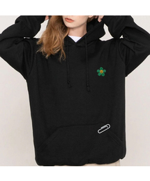 [UNISEX]グリーンフラワースマイル刺繍フードティー_ブラック