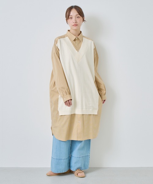 Kelen（ケレン）の「「KELEN / ケレン」ニットベスト重ね着風ストライプシャツワンピース（ワンピース・レディース・オフホワイト/サックスブルー/ベージュ・S/M）」の2枚目の写真
