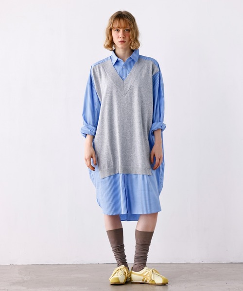 Kelen（ケレン）の「「KELEN / ケレン」ニットベスト重ね着風ストライプシャツワンピース（ワンピース・レディース・オフホワイト/サックスブルー/ベージュ・S/M）」の3枚目の写真