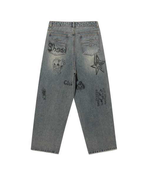 NICE GHOST CLUB（ナイスゴーストクラブ）の「DOODLE GRAPHIC WIDE JEANS_BLUE(NG2FFUD110A)（デニムパンツ・レディース・ブルー・SMALL/MEDIUM/LARGE）」の2枚目の写真