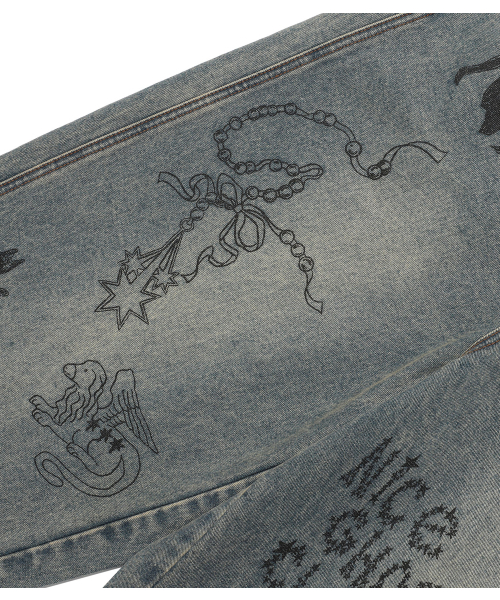 NICE GHOST CLUB（ナイスゴーストクラブ）の「DOODLE GRAPHIC WIDE JEANS_BLUE(NG2FFUD110A)（デニムパンツ・レディース・ブルー・SMALL/MEDIUM/LARGE）」の4枚目の写真