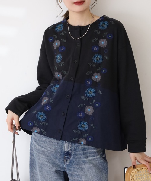 Emago(イマゴ)の「EMAGO 切替え花刺繍カーデ 長袖(カーディガン/ボレロ・レディース・アイボリー/ブラック/マスタード・FREE)」の2枚目の写真