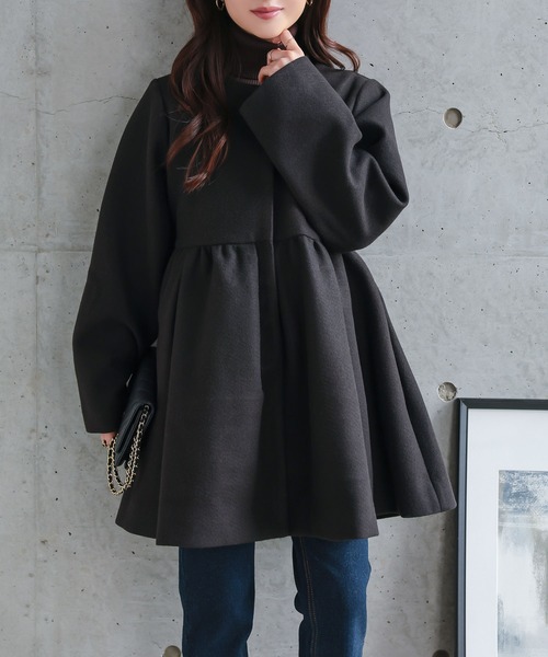 セール】[ 低身長向けサイズ ] ボリュームペプラムコート（ノーカラー
