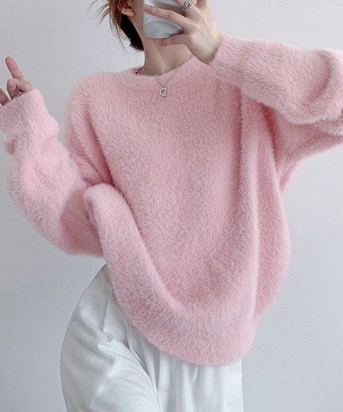 pristine セーター　週末セール セール】ラウンドネックふわふわニットトップス（ニット/セーター