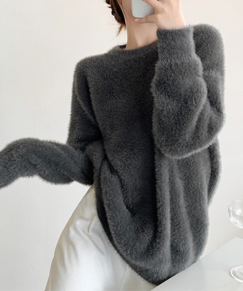 ONEP STAR（ワンピスター）の「ラウンドネックふわふわニットトップス（ニット/セーター・レディース・オフホワイト/ブラウン/ピンク/ダークパープル/ミント/ダークグレー/ライトグリーン/オレンジ/ダークベージュ/ロイヤルブルー/ライトイエロー/ブラック・FREE）」の19枚目の写真