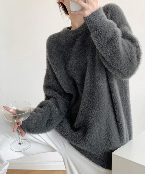 ONEP STAR（ワンピスター）の「ラウンドネックふわふわニットトップス（ニット/セーター・レディース・オフホワイト/ブラウン/ピンク/ダークパープル/ミント/ダークグレー/ライトグリーン/オレンジ/ダークベージュ/ロイヤルブルー/ライトイエロー/ブラック・FREE）」の20枚目の写真