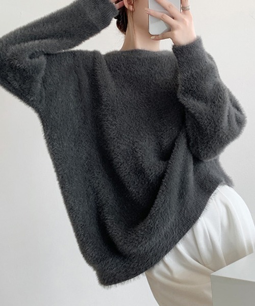 ONEP STAR（ワンピスター）の「ラウンドネックふわふわニットトップス（ニット/セーター・レディース・オフホワイト/ブラウン/ピンク/ダークパープル/ミント/ダークグレー/ライトグリーン/オレンジ/ダークベージュ/ロイヤルブルー/ライトイエロー/ブラック・FREE）」の21枚目の写真
