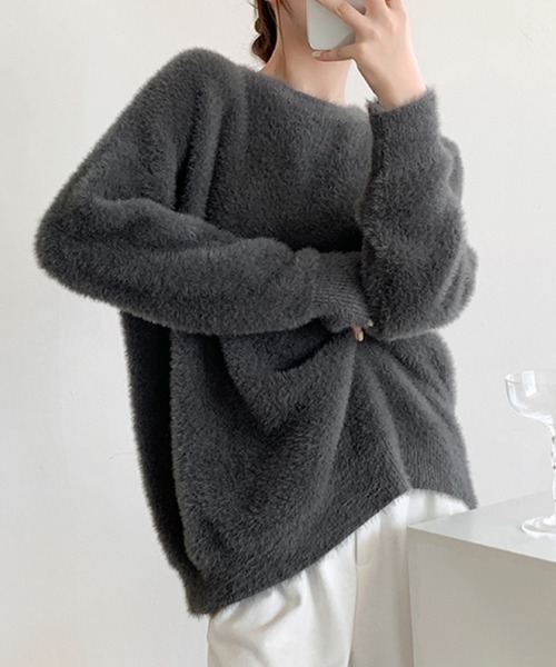 ONEP STAR（ワンピスター）の「ラウンドネックふわふわニットトップス（ニット/セーター・レディース・オフホワイト/ブラウン/ピンク/ダークパープル/ミント/ダークグレー/ライトグリーン/オレンジ/ダークベージュ/ロイヤルブルー/ライトイエロー/ブラック・FREE）」の22枚目の写真