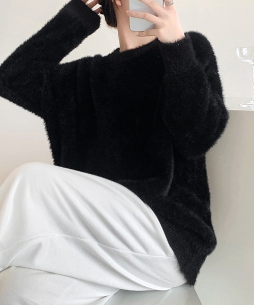 ONEP STAR（ワンピスター）の「ラウンドネックふわふわニットトップス（ニット/セーター・レディース・オフホワイト/ブラウン/ピンク/ダークパープル/ミント/ダークグレー/ライトグリーン/オレンジ/ダークベージュ/ロイヤルブルー/ライトイエロー/ブラック・FREE）」の13枚目の写真