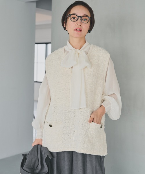 PUAL CE CIN(ピュアルセシン)の「ツイードライクニットベスト(ベスト・レディース・ネイビー/アイボリー/ブラック系その他・FREE)」の2枚目の写真