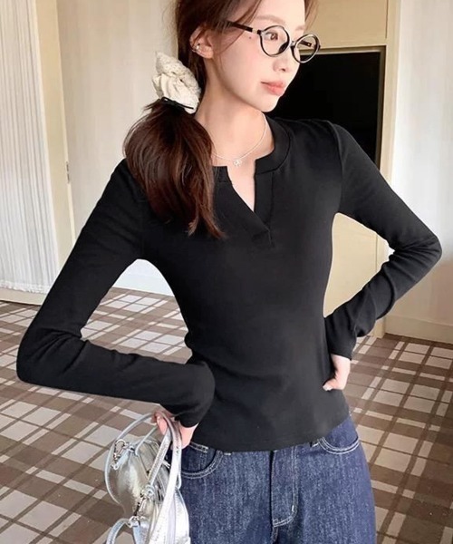 Miniministore(ミニミニストア)の「長袖Tシャツ レディース Vネック 無地(Tシャツ/カットソー・レディース・ブラック/グレー・M/XL/L)」の3枚目の写真