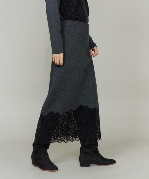 INED(イネド)の「レースニットスカート【セットアップ対応】(スカート・レディース・ブラック/チャコールグレー・9号/7号)」の2枚目の写真