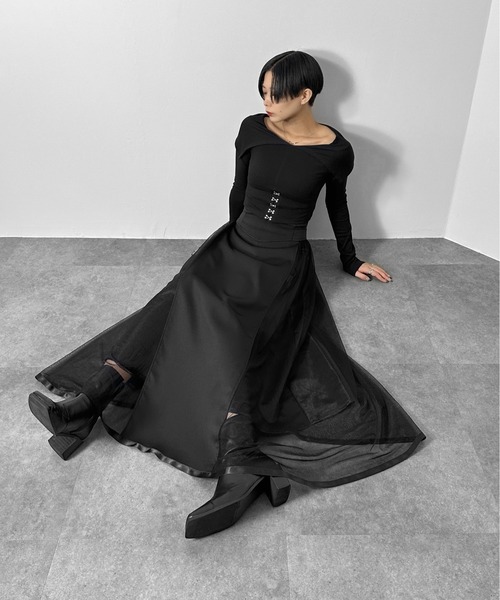 LVEU.（ラブユ.）の「【LVEU.】サイドチュールコルセットスカート / ボトムス スカート フレア ハイウエスト ロング チュール シアー コルセット風 ブラック モード（スカート・レディース・ブラック・FREE）」の6枚目の写真