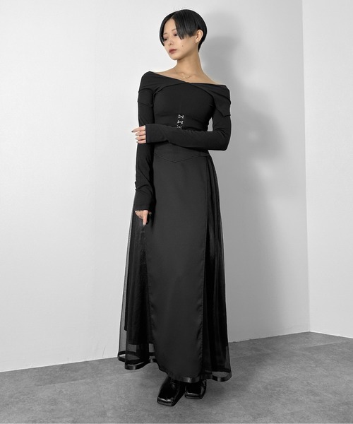 LVEU.（ラブユ.）の「【LVEU.】サイドチュールコルセットスカート / ボトムス スカート フレア ハイウエスト ロング チュール シアー コルセット風 ブラック モード（スカート・レディース・ブラック・FREE）」の7枚目の写真