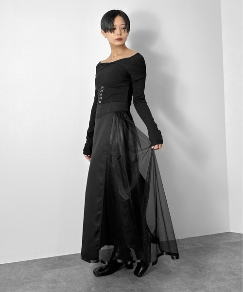 LVEU.（ラブユ.）の「【LVEU.】サイドチュールコルセットスカート / ボトムス スカート フレア ハイウエスト ロング チュール シアー コルセット風 ブラック モード（スカート・レディース・ブラック・FREE）」の8枚目の写真