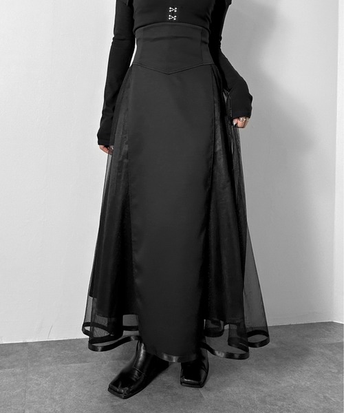 LVEU.（ラブユ.）の「【LVEU.】サイドチュールコルセットスカート / ボトムス スカート フレア ハイウエスト ロング チュール シアー コルセット風 ブラック モード（スカート・レディース・ブラック・FREE）」の9枚目の写真